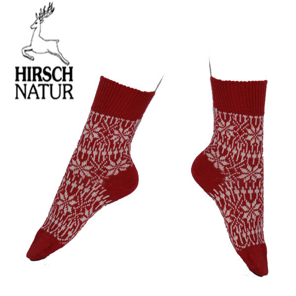 Hirsch Natur Wollsocke mit Norwegermuster Rot/Natur